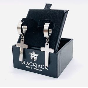 BlackJack Mens Stainless Steel Silver Hoop Cross Earrings Brand New